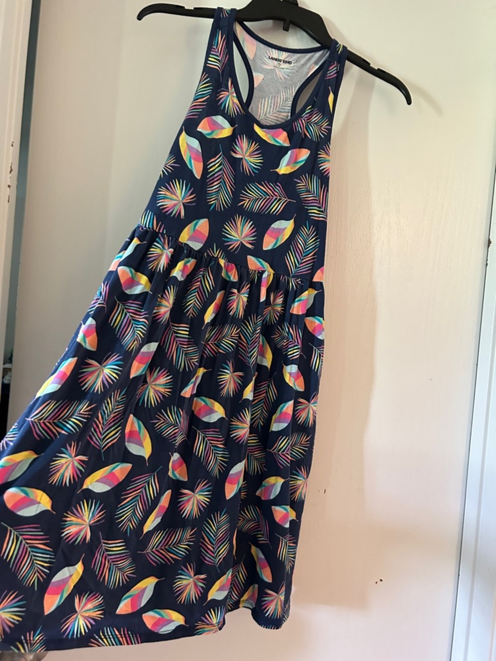 Lands' End Navy Racerback Dress with Multi-Color Tropical Print